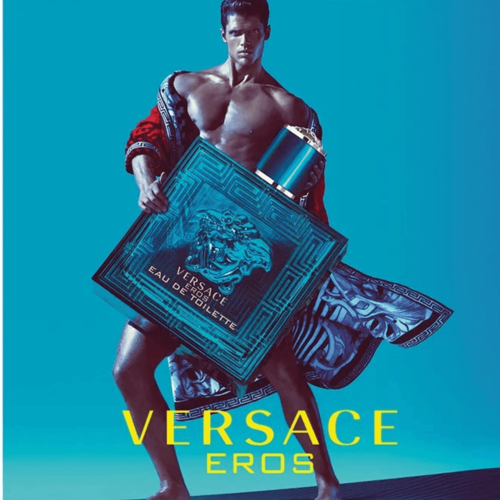Versace Eros Eau de Toilette 100ml ad with male model holding perfume, promoting bold and confident men's fragrance in luxury segment.